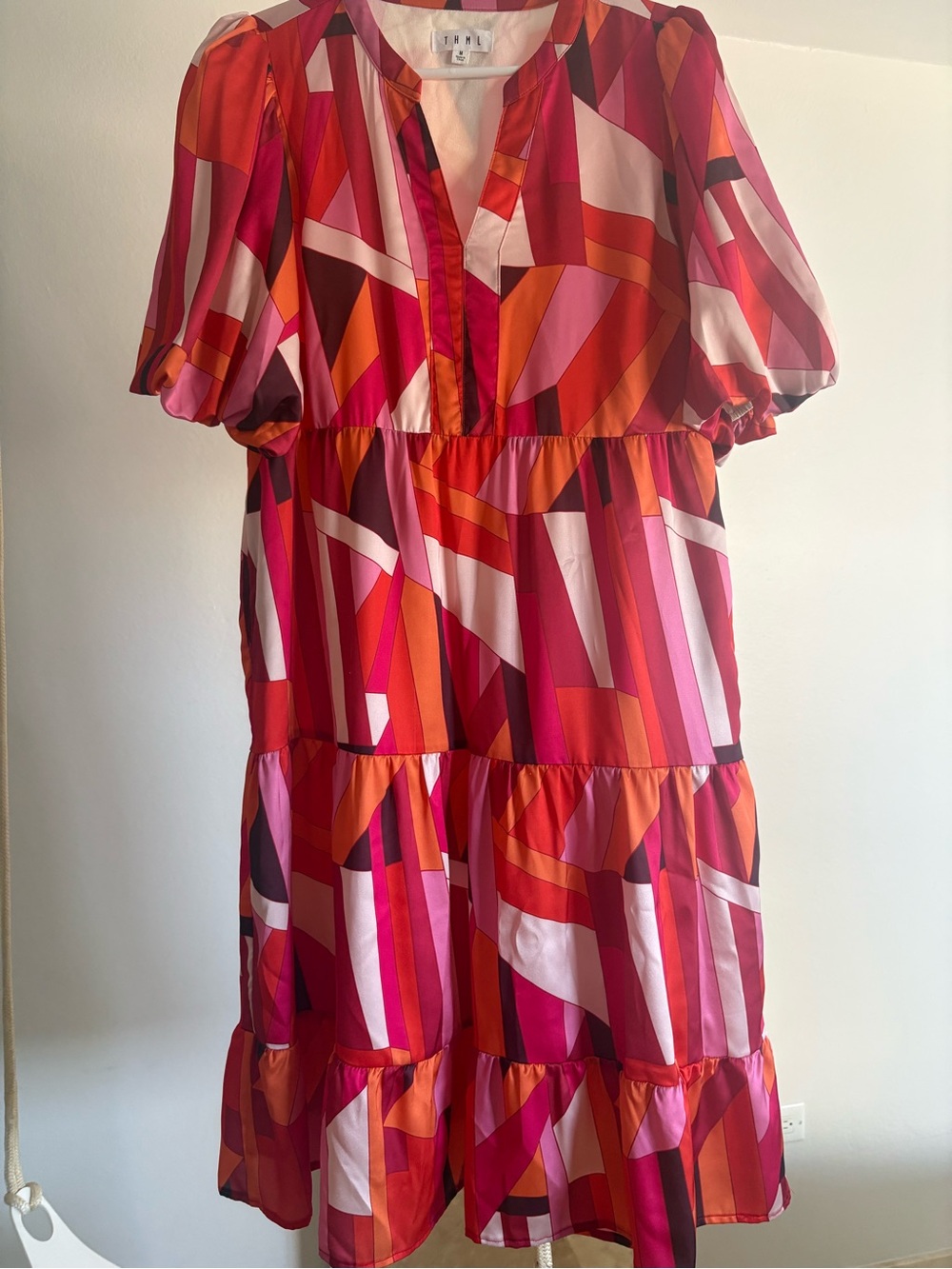 THLM Women’s Pink & Red Geometric Tiered Dress